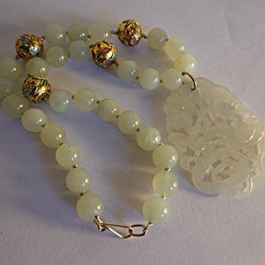 Chinese Pierced Jade Pendant Beaded Necklace